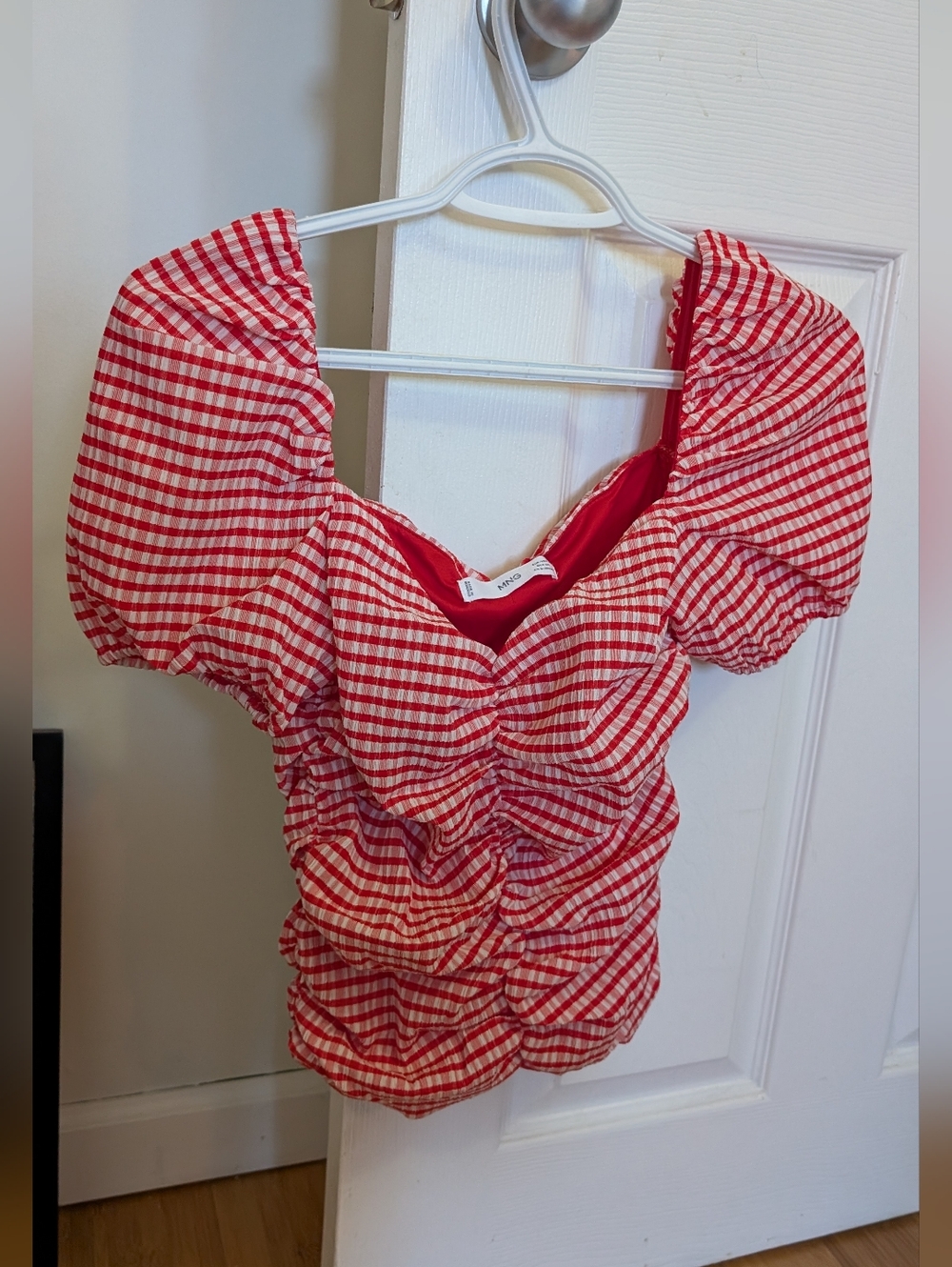 Mango Red Gingham Puff-Sleeve Ruched Blouse